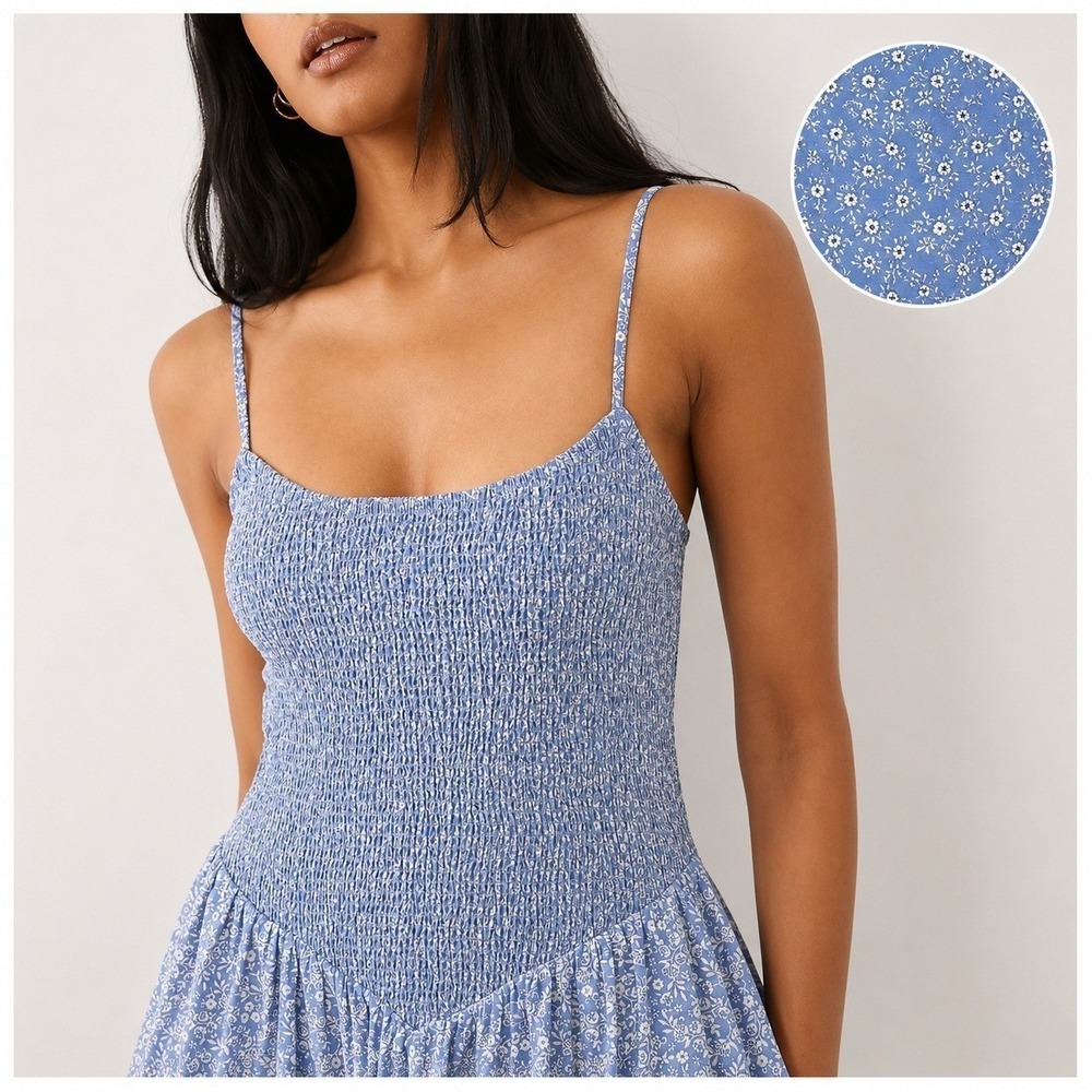 Abercrombie & Fitch Dip Blue Ditsy Floral Smocked Maxi Dress Cottagecore NWT LT - Picture 14 of 14